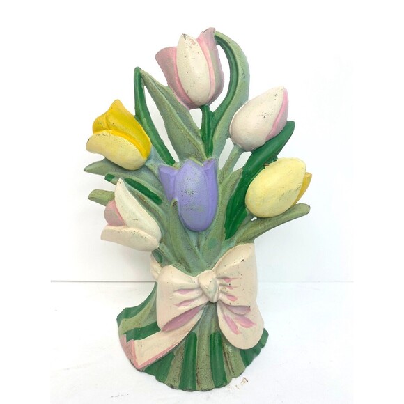 Original Painted Hubley Tulip Painted Doorstop Vintage Cast Iron - Picture 1 of 11